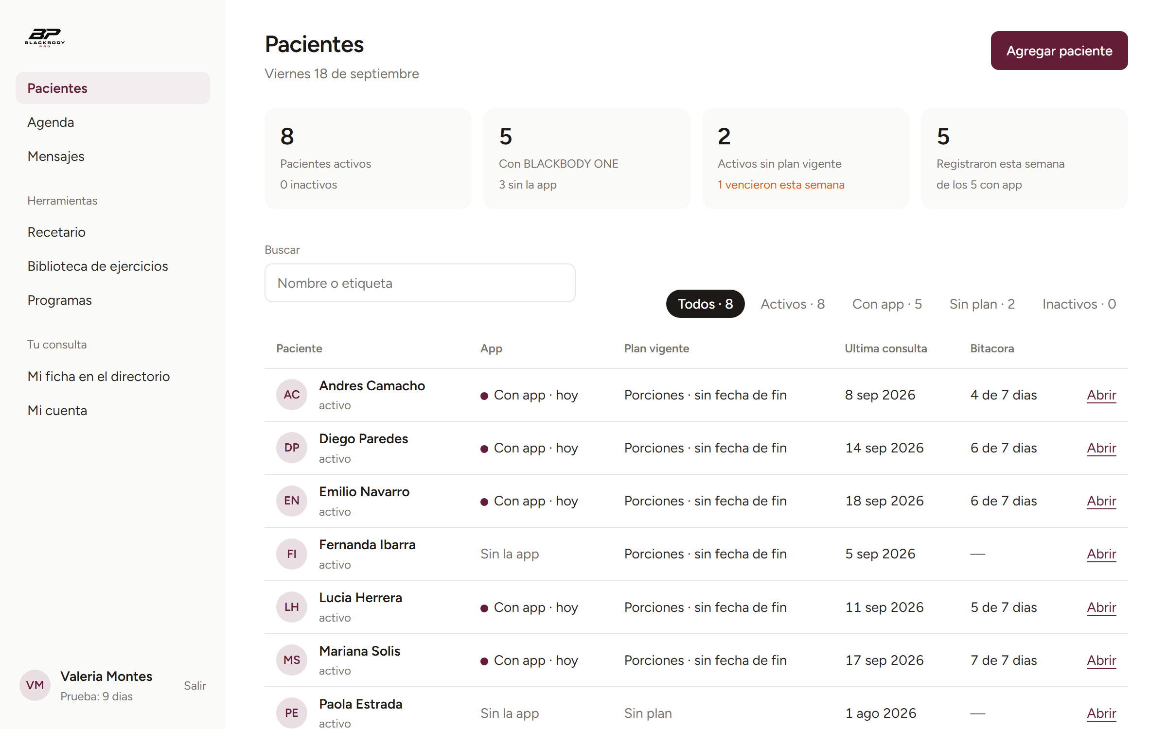 Padrón de pacientes en BLACKBODY PRO con quién tiene la app y quién tiene plan vigente